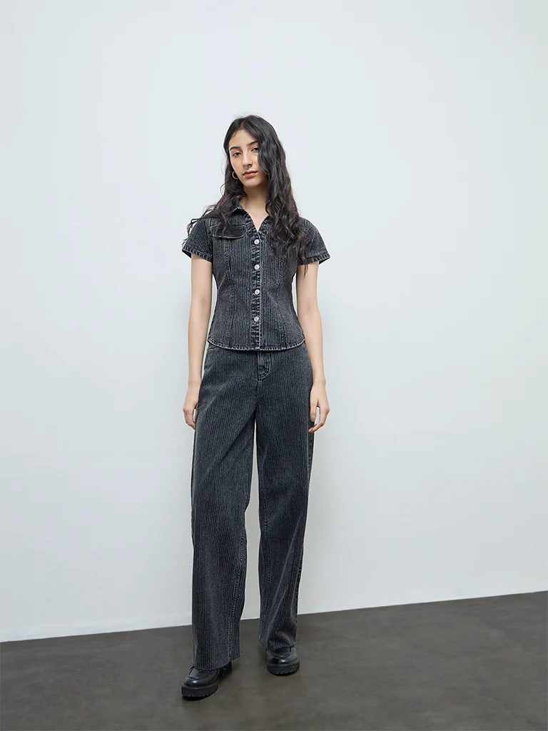 Nuon Black Self-Striped High-Rise Cotton Jeans