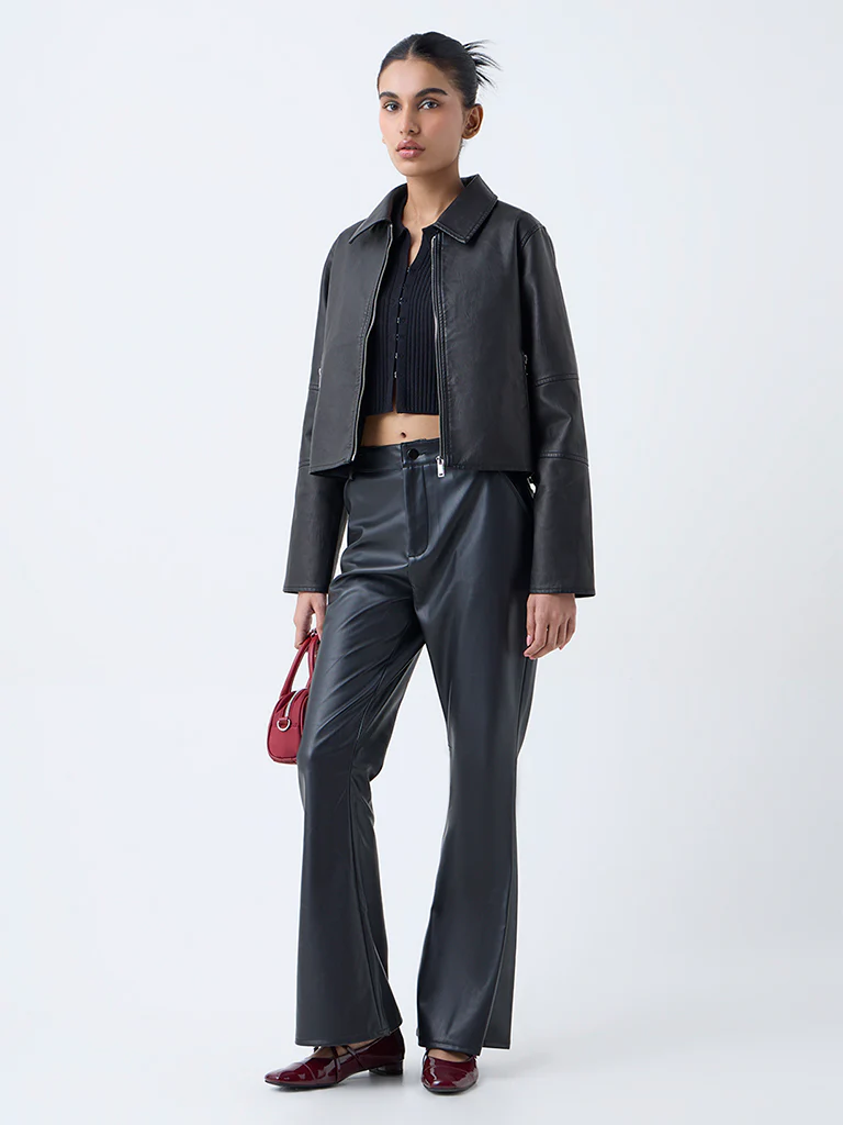 Nuon Black Solid Faux-Leather Jacket - Image 2