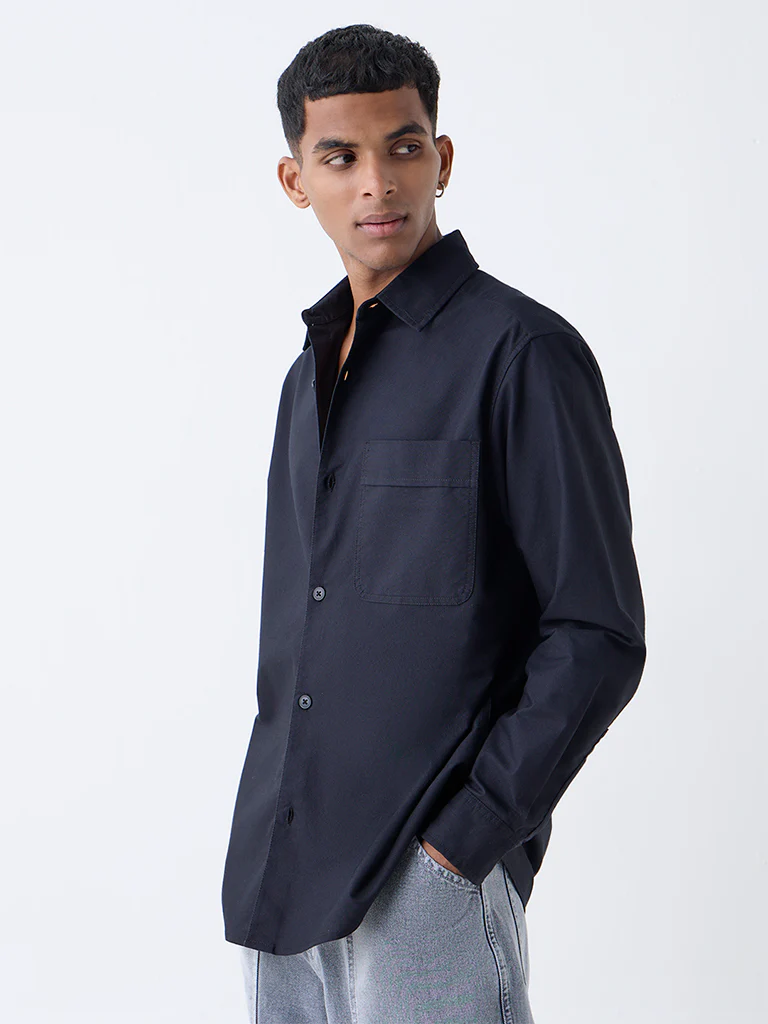 Nuon Black Solid Relaxed-Fit Cotton Shirt - Image 2