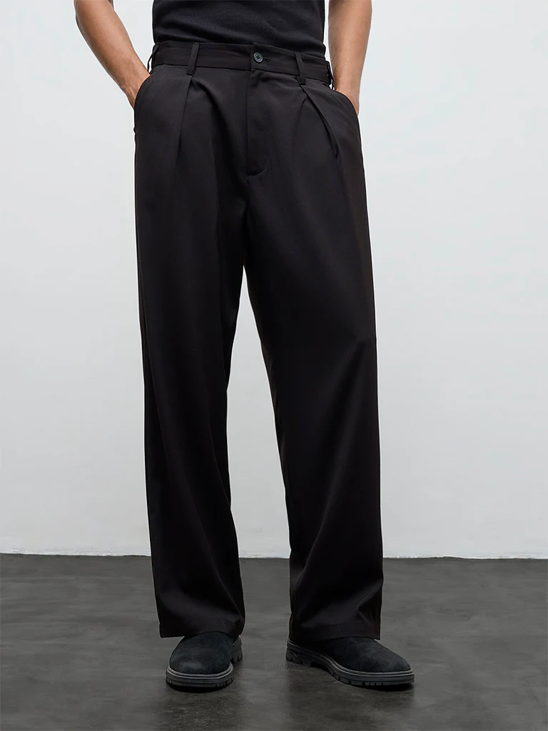 Nuon Black Solid Relaxed-Fit Mid-Rise Trousers - Image 3