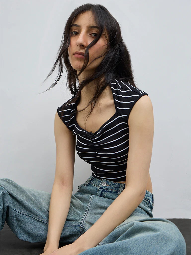 Nuon Black Stripe Pattern Cotton-Blend Top - Image 2