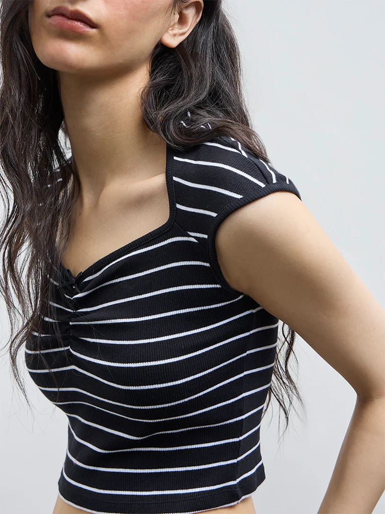 Nuon Black Stripe Pattern Cotton-Blend Top - Image 3