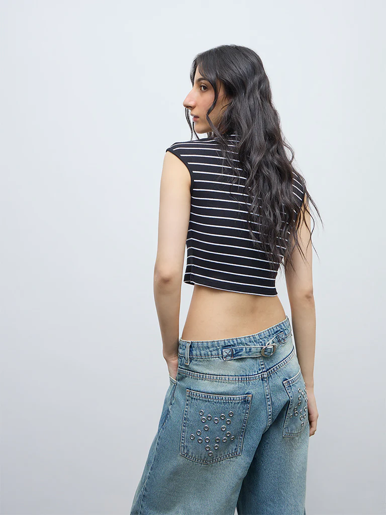 Nuon Black Stripe Pattern Cotton-Blend Top - Image 4