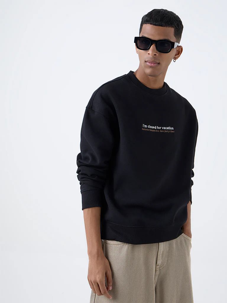 Nuon Black Text Design Relaxed-Fit Cotton-Blend Sweatshirt