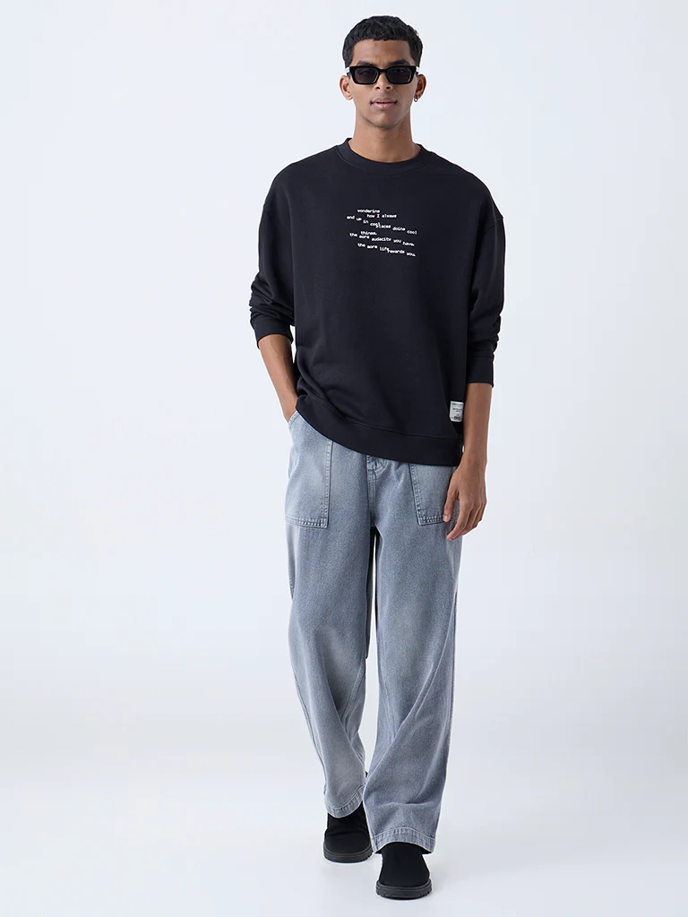 Nuon Black Text Design Relaxed-Fit Cotton Sweatshirt