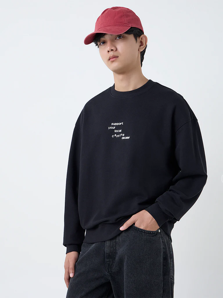 Nuon Black Text Design Relaxed-Fit Cotton Sweatshirt