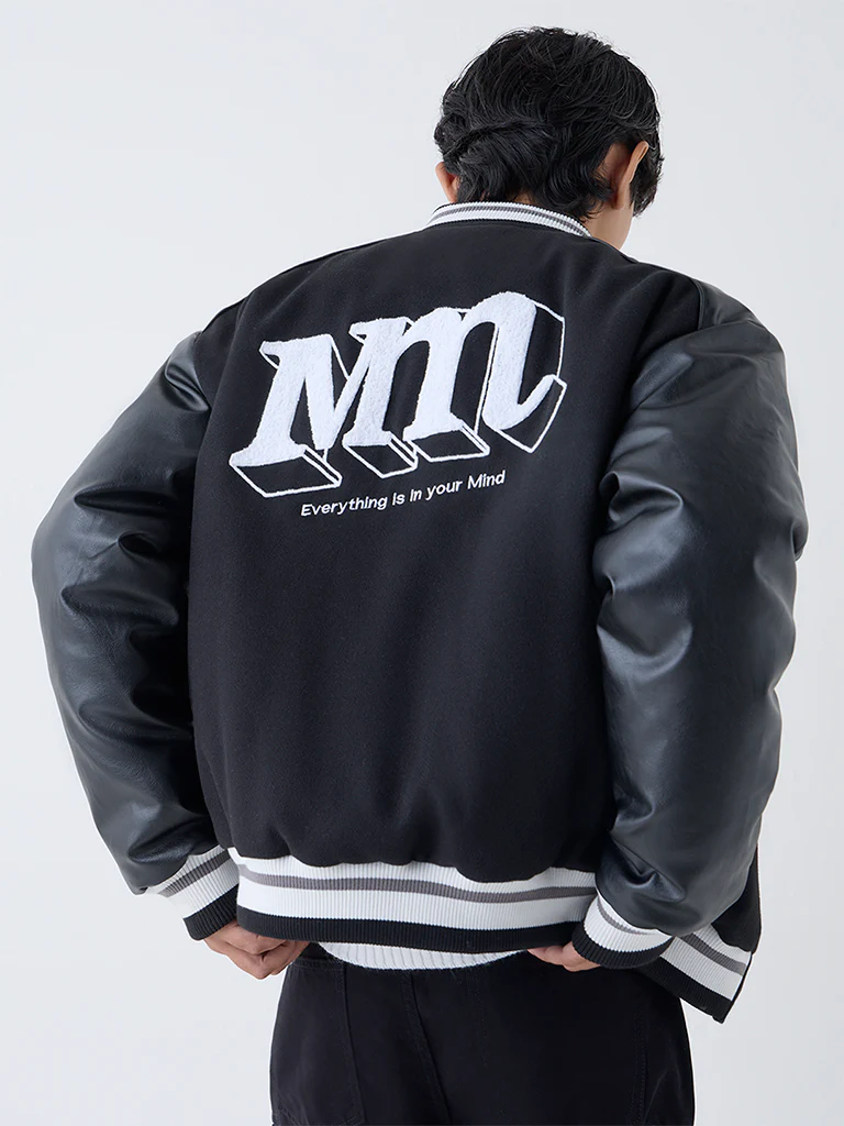 Nuon Black Text Design Relaxed-Fit Varsity Jacket - Image 4