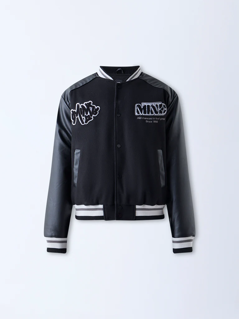 Nuon Black Text Design Relaxed-Fit Varsity Jacket - Image 5