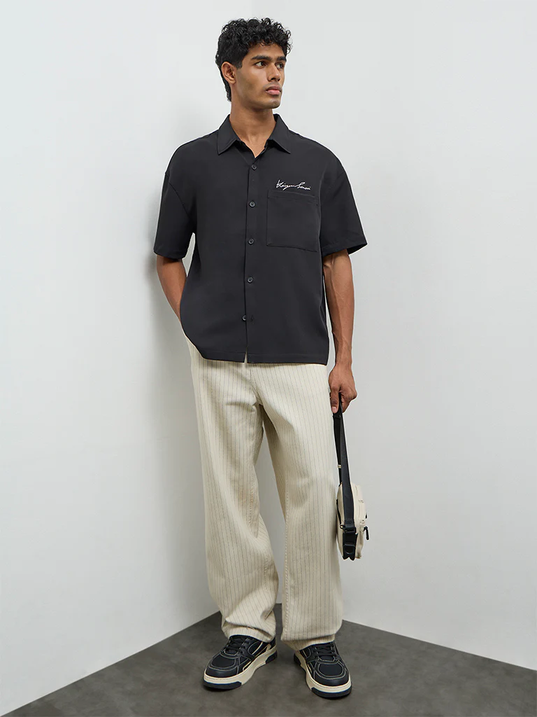 Nuon Black Text Embroidered Relaxed-Fit Shirt