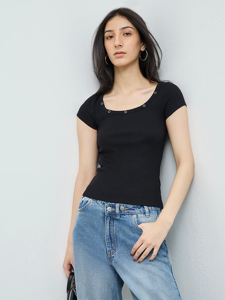 Nuon Black Textured Cotton-Blend T-Shirt - Image 2