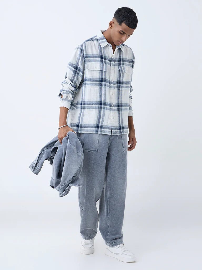 Nuon Blue Checkered Relaxed-Fit Cotton Shirt - Image 2