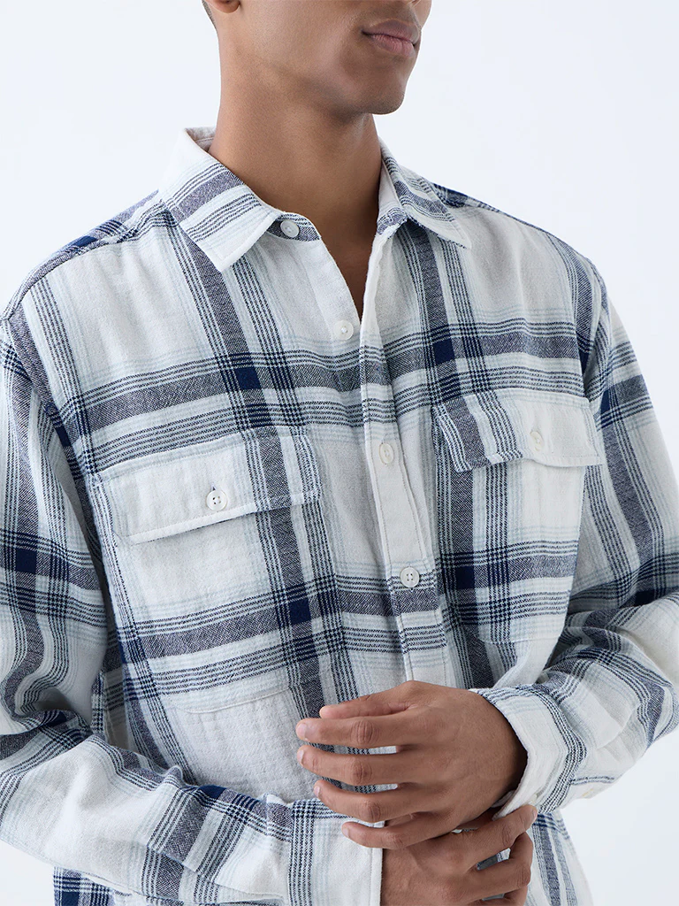 Nuon Blue Checkered Relaxed-Fit Cotton Shirt - Image 3
