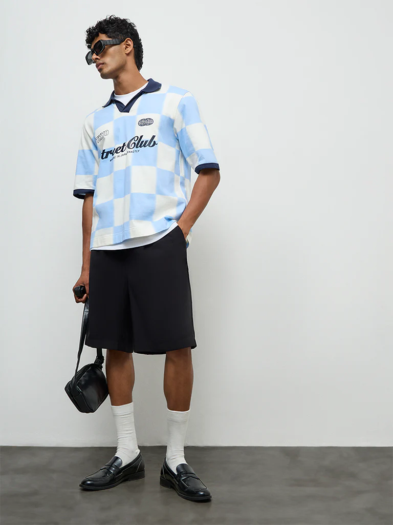Nuon Blue Checkered Relaxed-Fit Cotton T-Shirt