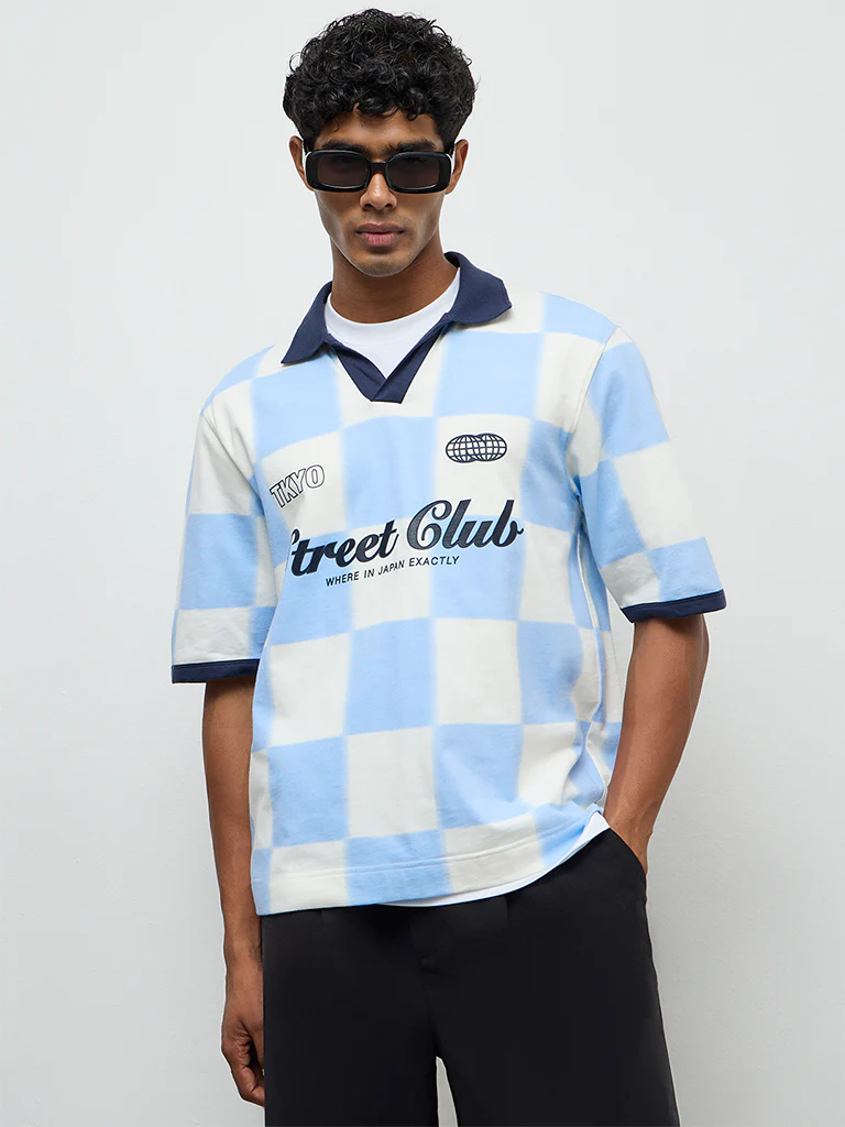 Nuon Blue Checkered Relaxed-Fit Cotton T-Shirt - Image 2