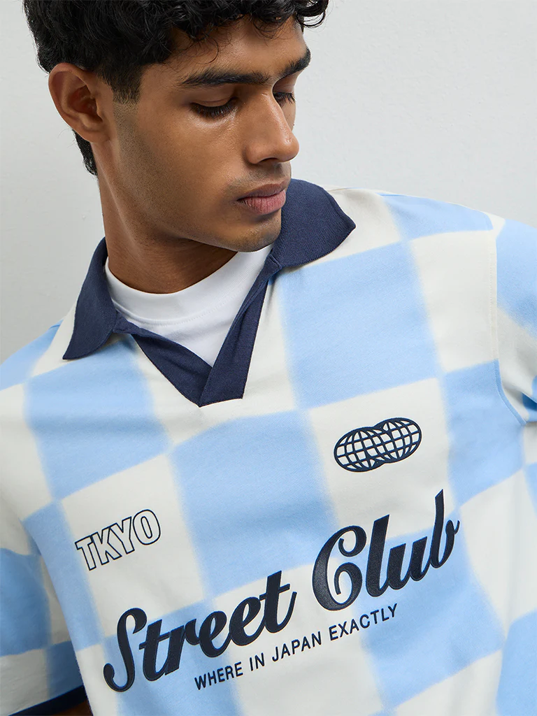 Nuon Blue Checkered Relaxed-Fit Cotton T-Shirt - Image 3
