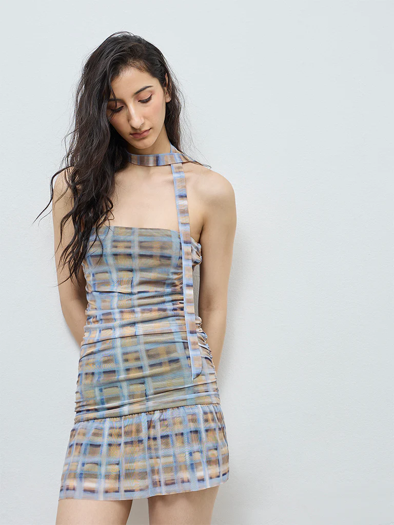 Nuon Blue Checkered Tube Dress with a Scarf - Image 2