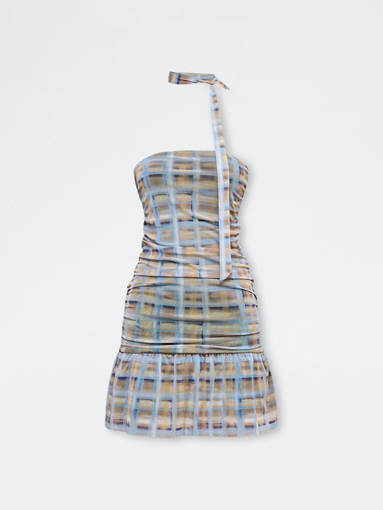 Nuon Blue Checkered Tube Dress with a Scarf - Image 5