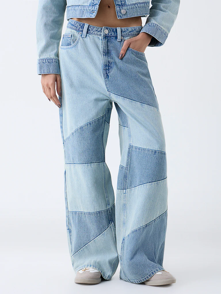 Nuon Blue Colour-Block High-Rise Cotton Jeans - Image 2