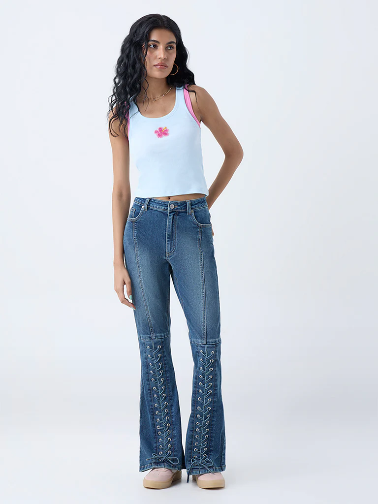 Nuon Blue Criss-Cross Detailed High-Rise Bootcut Jeans