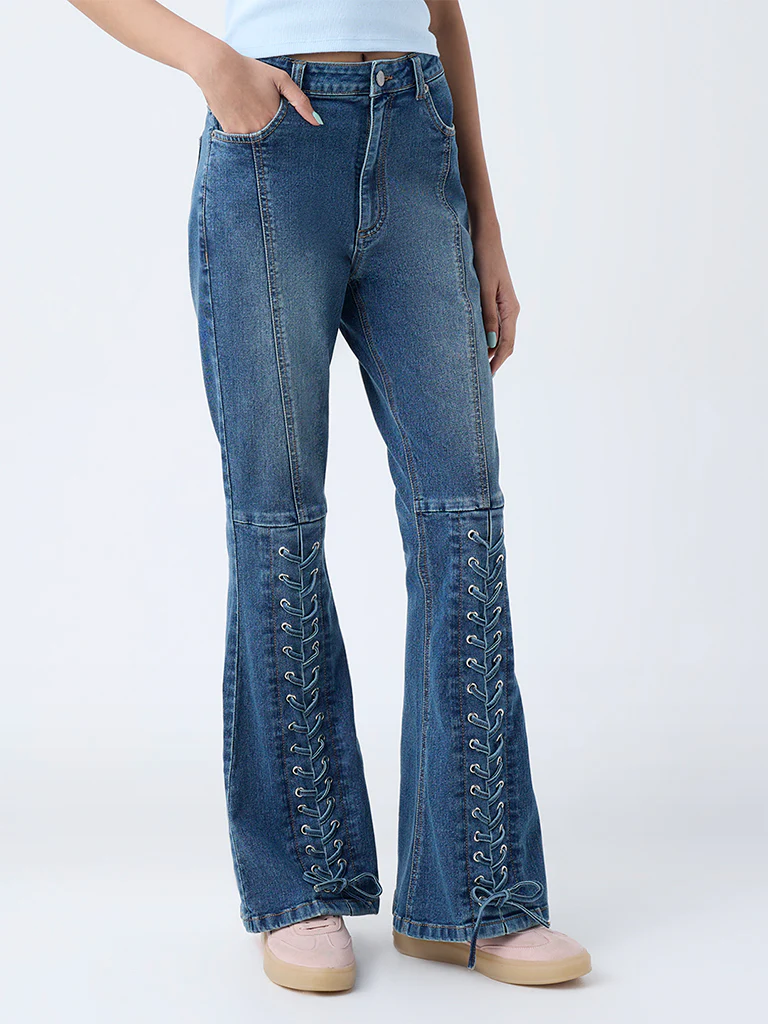 Nuon Blue Criss-Cross Detailed High-Rise Bootcut Jeans - Image 2