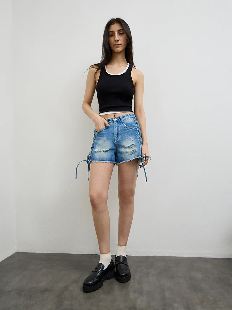 Nuon Blue Criss-Cross Detailed High-Rise Denim Shorts