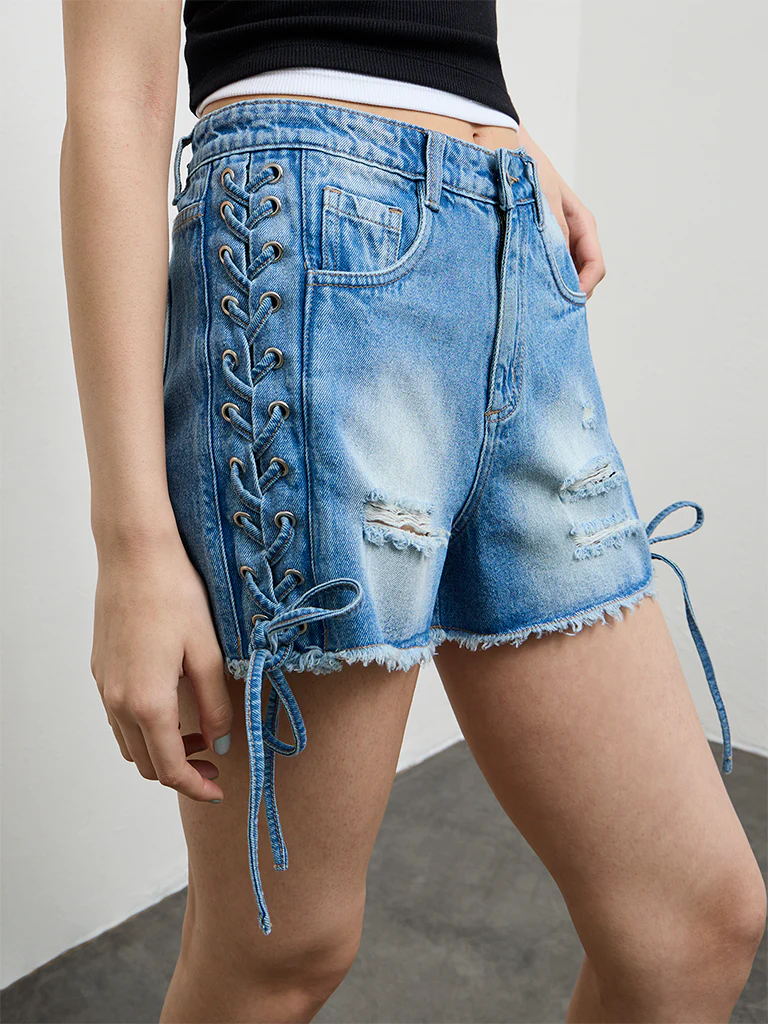 Nuon Blue Criss-Cross Detailed High-Rise Denim Shorts - Image 3