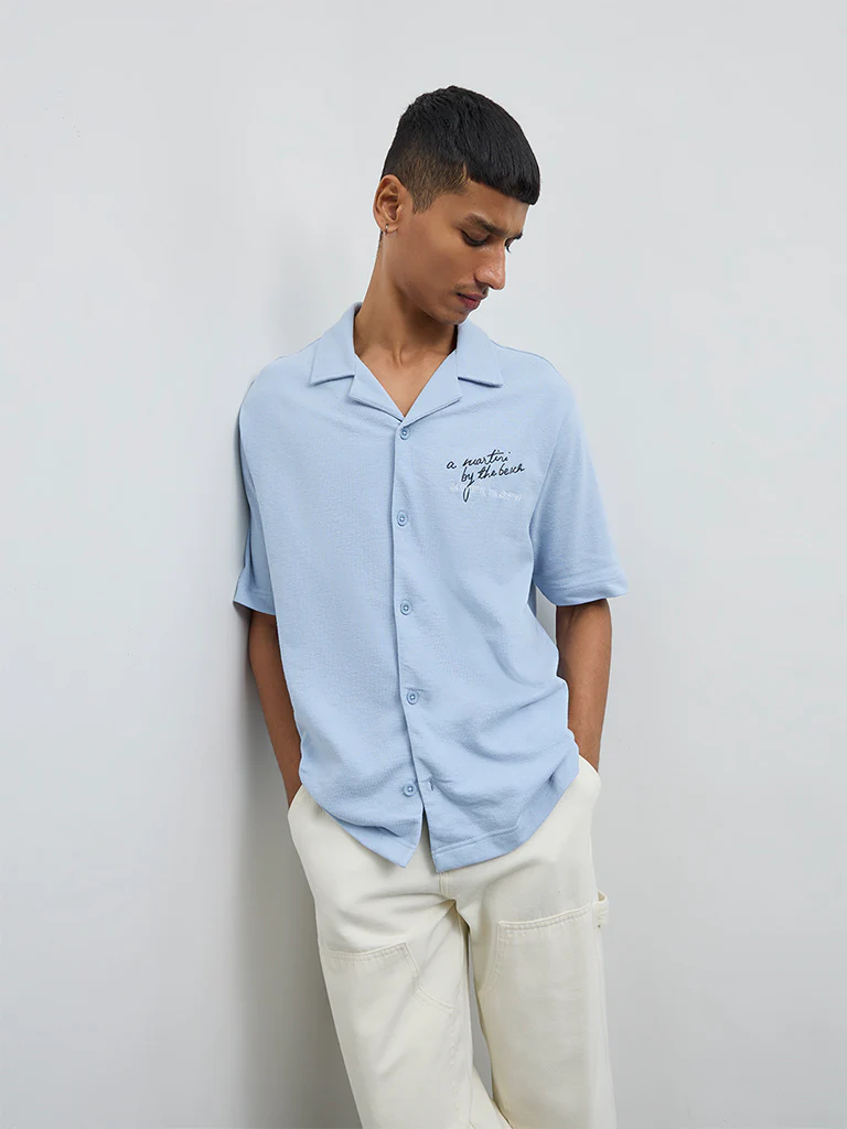 Nuon Blue Embroidered Relaxed-Fit Cotton Shirt