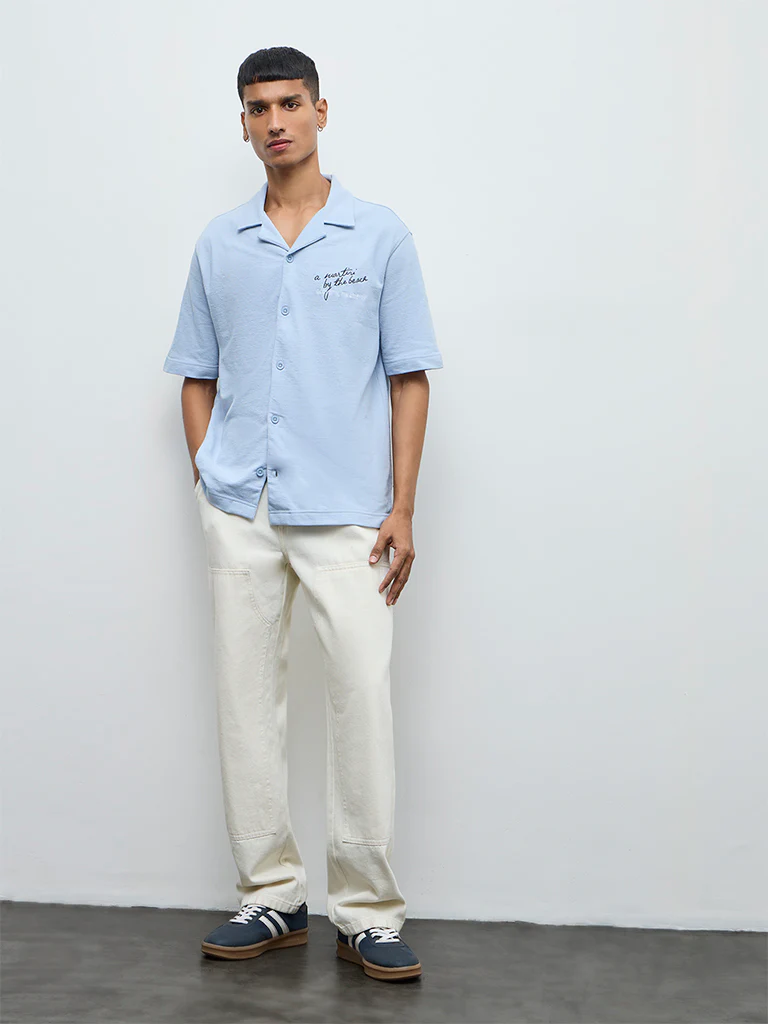Nuon Blue Embroidered Relaxed-Fit Cotton Shirt - Image 2