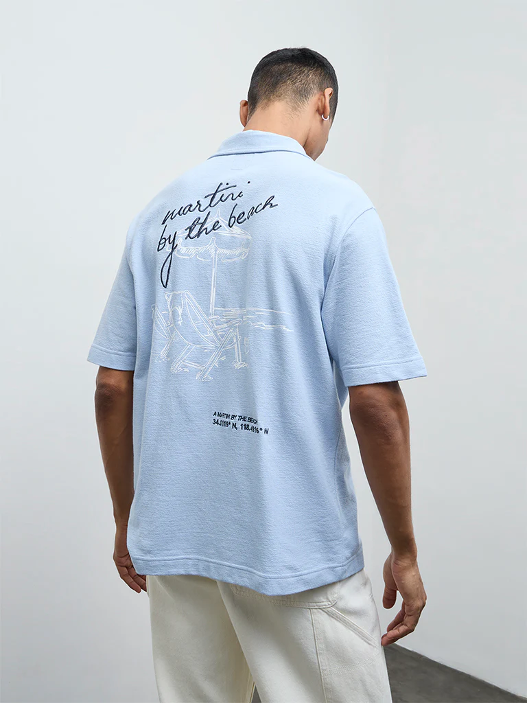 Nuon Blue Embroidered Relaxed-Fit Cotton Shirt - Image 4