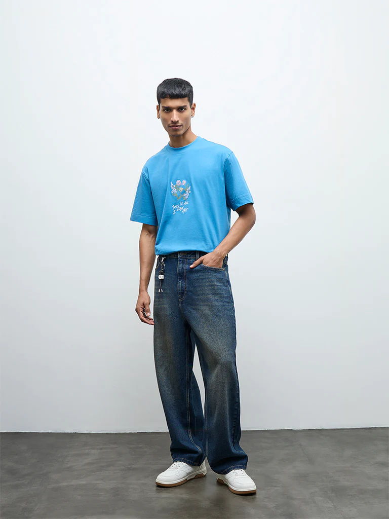 Nuon Blue Embroidered Relaxed-Fit Cotton T-Shirt - Image 2