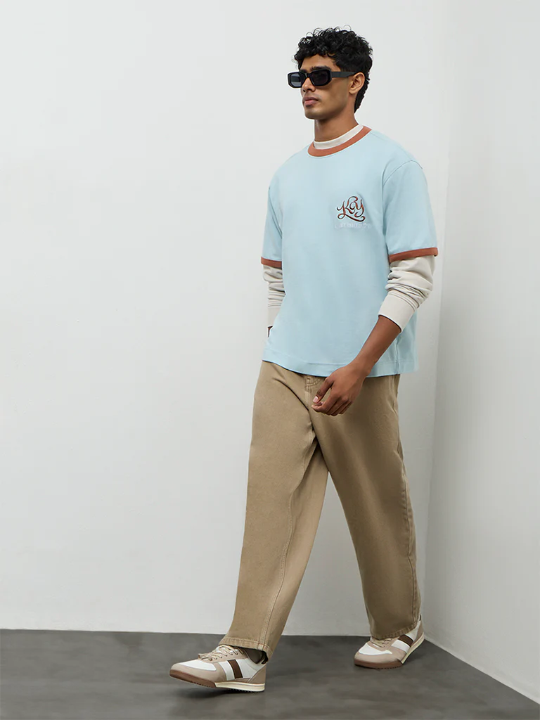 Nuon Blue Embroidered Relaxed-Fit Cotton T-Shirt