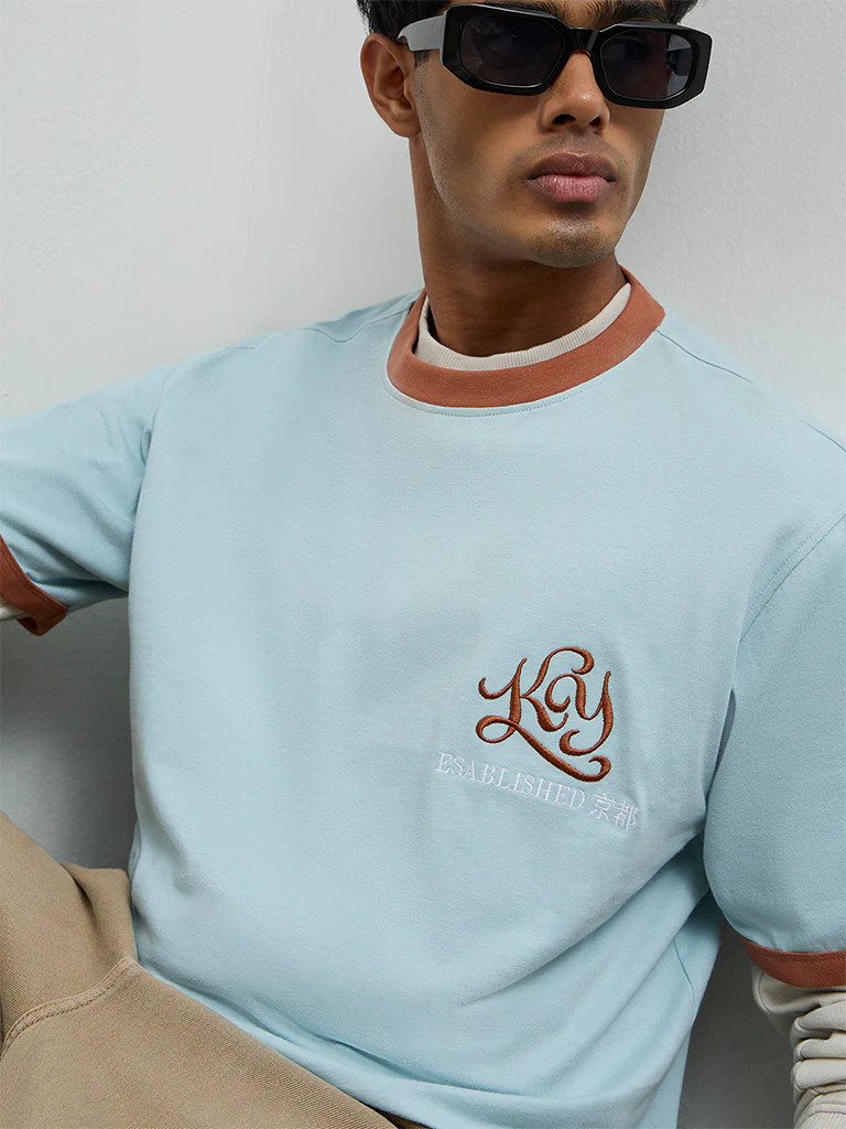 Nuon Blue Embroidered Relaxed-Fit Cotton T-Shirt - Image 3