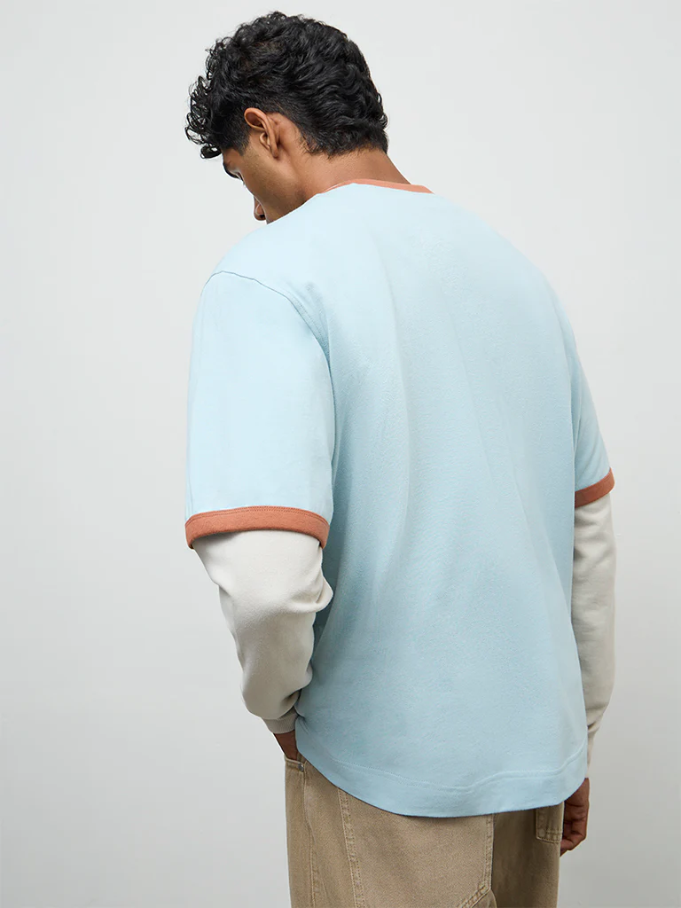 Nuon Blue Embroidered Relaxed-Fit Cotton T-Shirt - Image 4