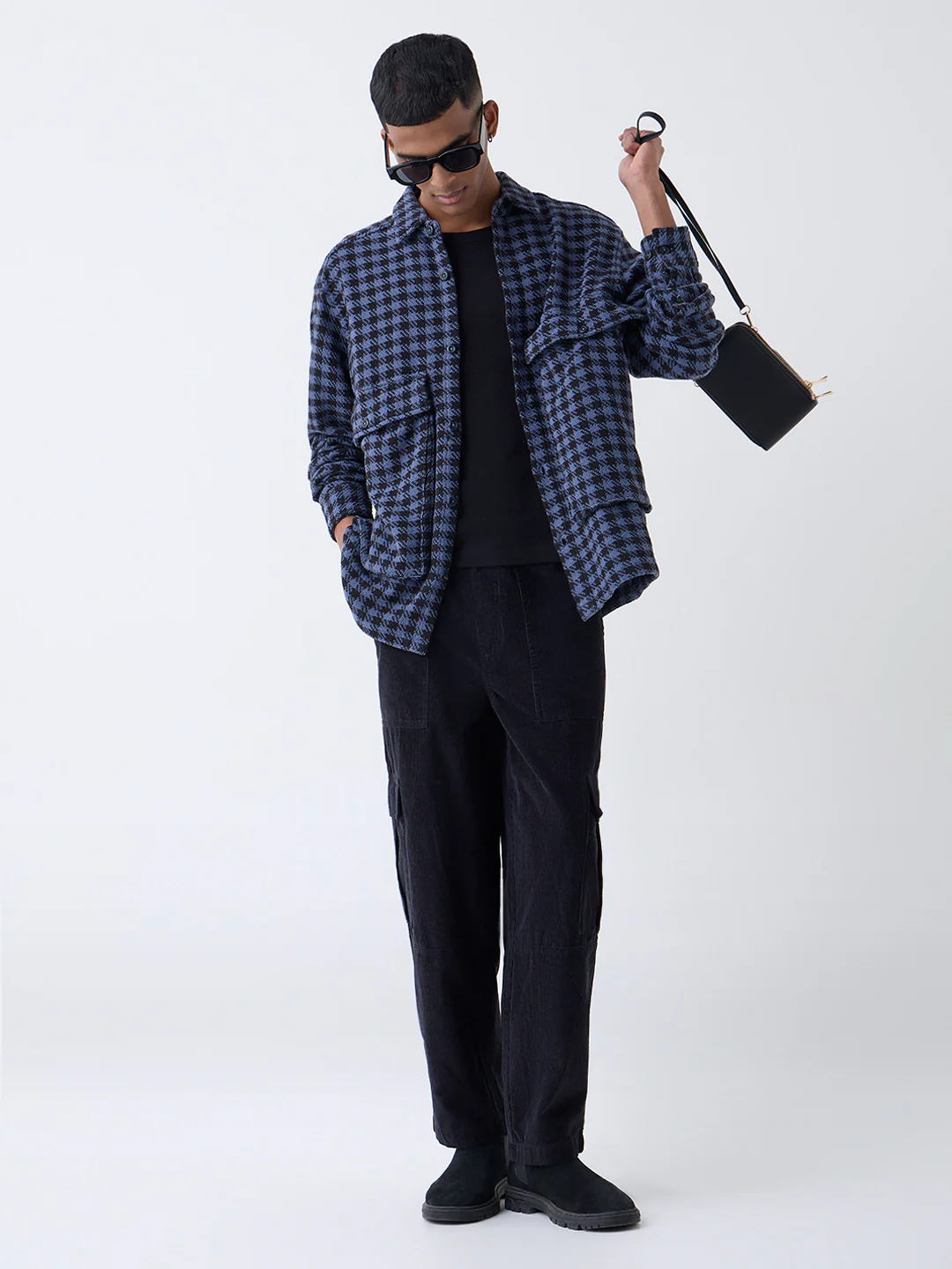 Nuon Blue Houndstooth Checkered Relaxed-Fit Cotton Jacket
