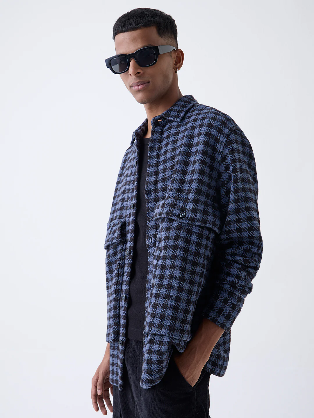 Nuon Blue Houndstooth Checkered Relaxed-Fit Cotton Jacket - Image 2