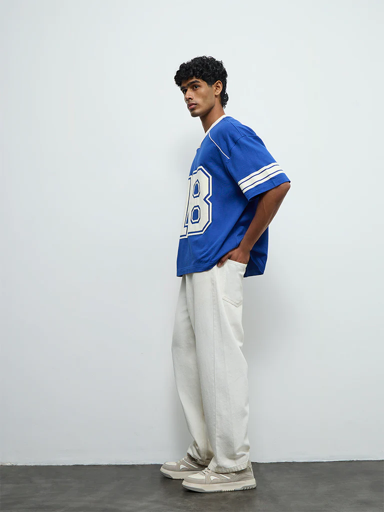 Nuon Blue Numerical Printed Oversized-Crop Cotton T-Shirt - Image 2