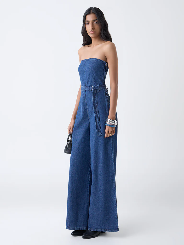 Nuon Blue Off-Shoulder Denim Jumpsuit with Belt - Image 2