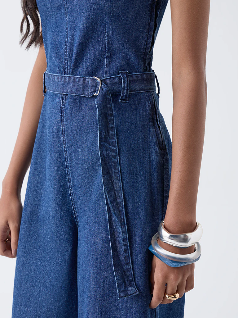 Nuon Blue Off-Shoulder Denim Jumpsuit with Belt - Image 3