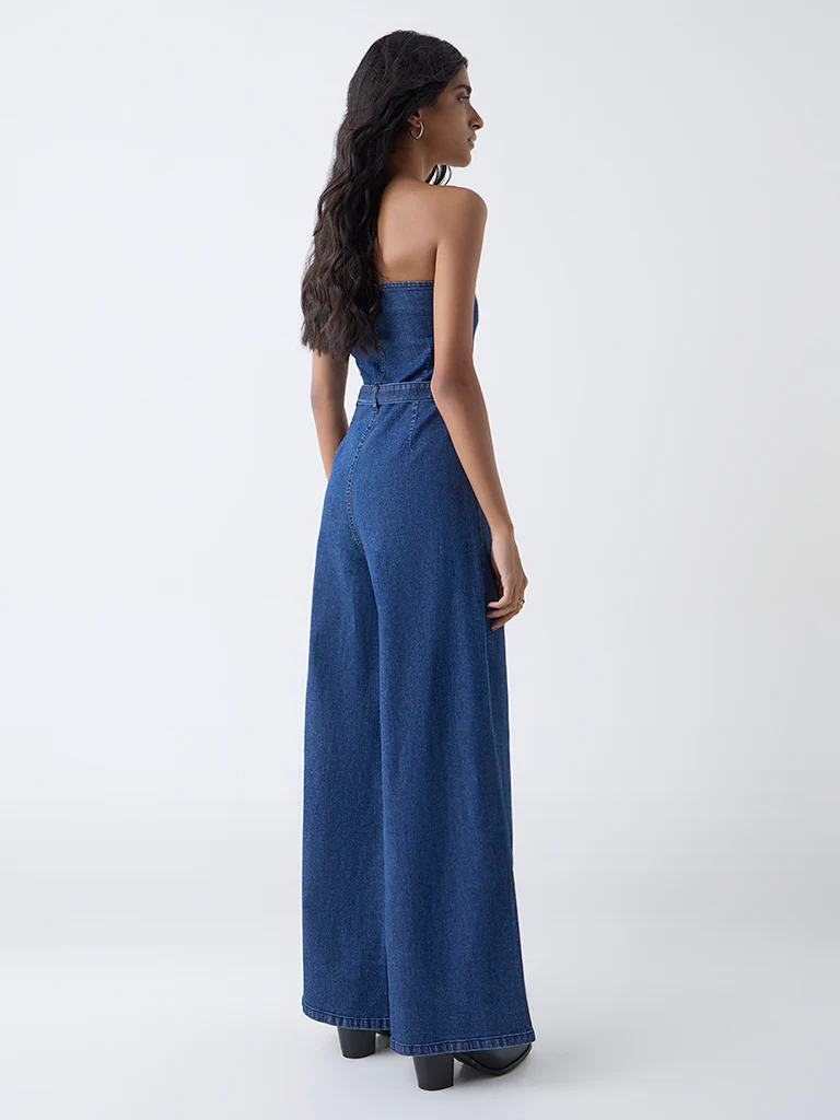 Nuon Blue Off-Shoulder Denim Jumpsuit with Belt - Image 4