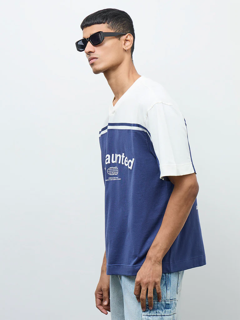 Nuon Blue Printed Relaxed-Fit Cotton T-Shirt