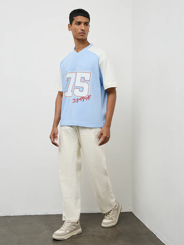 Nuon Blue Printed Relaxed-Fit Cotton T-Shirt