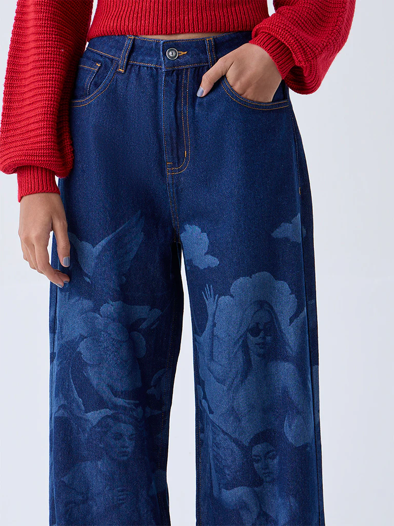 Nuon Blue Printed Relaxed-Fit High-Rise Jeans - Image 3