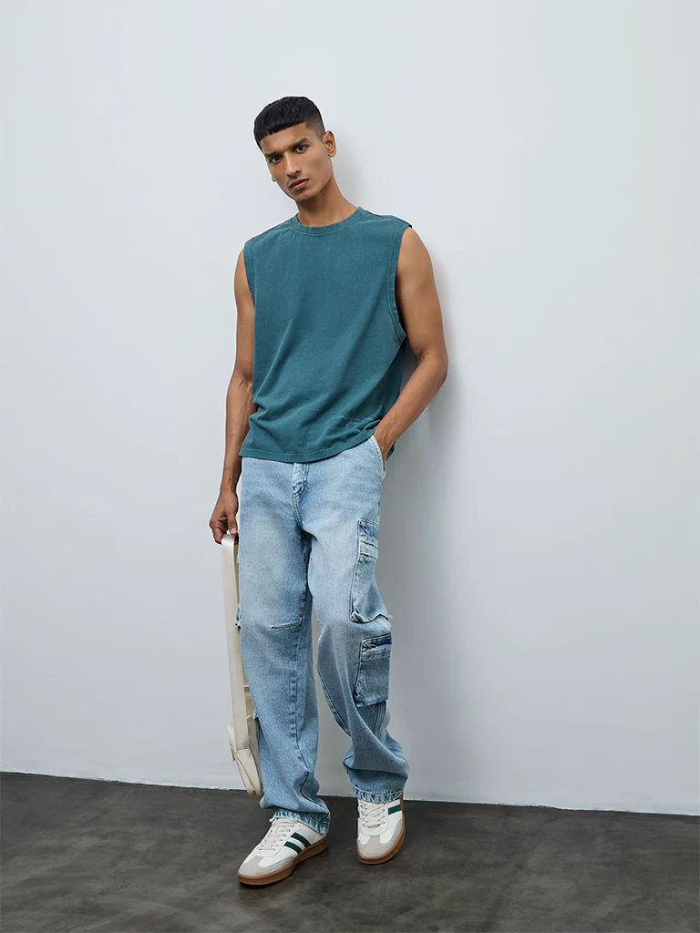 Nuon Blue Relaxed-Fit Mid-Rise Cargo Jeans