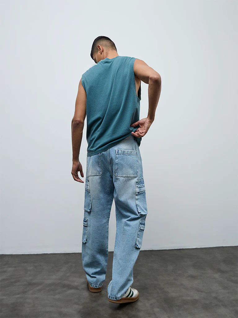 Nuon Blue Relaxed-Fit Mid-Rise Cargo Jeans - Image 4