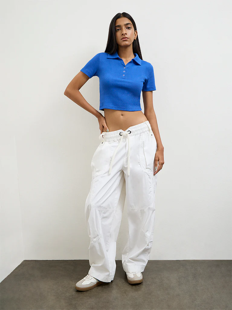 Nuon Blue Ribbed-Texture Cotton Top - Image 2