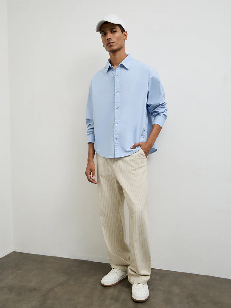 Nuon Blue Solid Boxy-Fit Cotton Shirt - Image 2