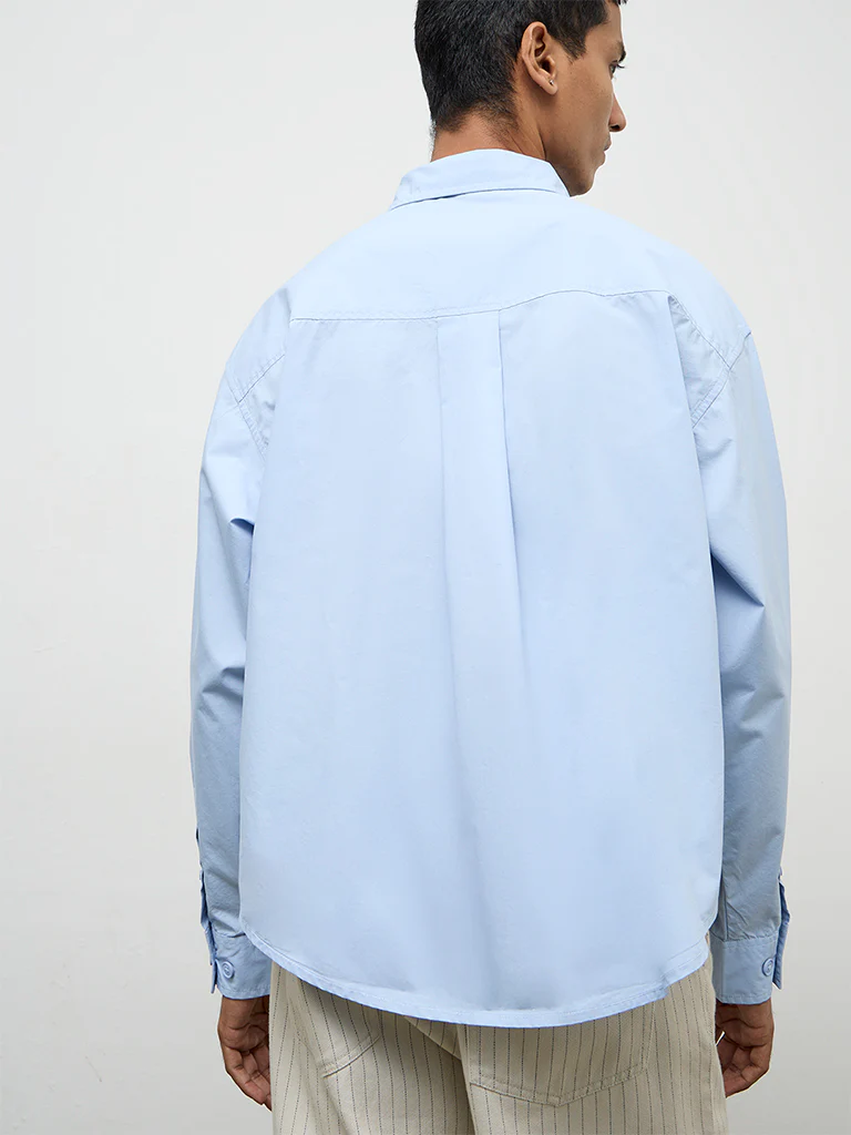 Nuon Blue Solid Boxy-Fit Cotton Shirt - Image 4