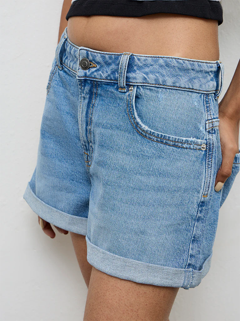 Nuon Blue Solid High-Rise Denim Shorts - Image 3