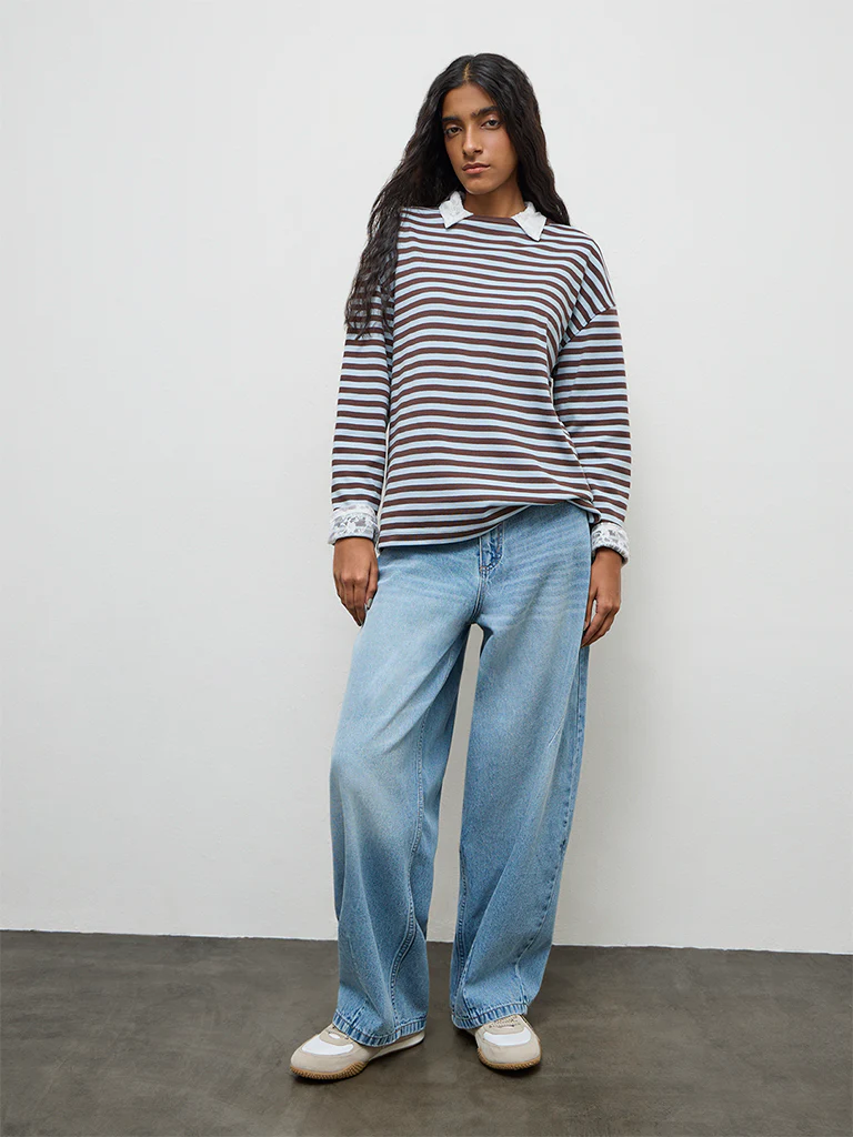 Nuon Blue Stripe Pattern Cotton T-Shirt - Image 2
