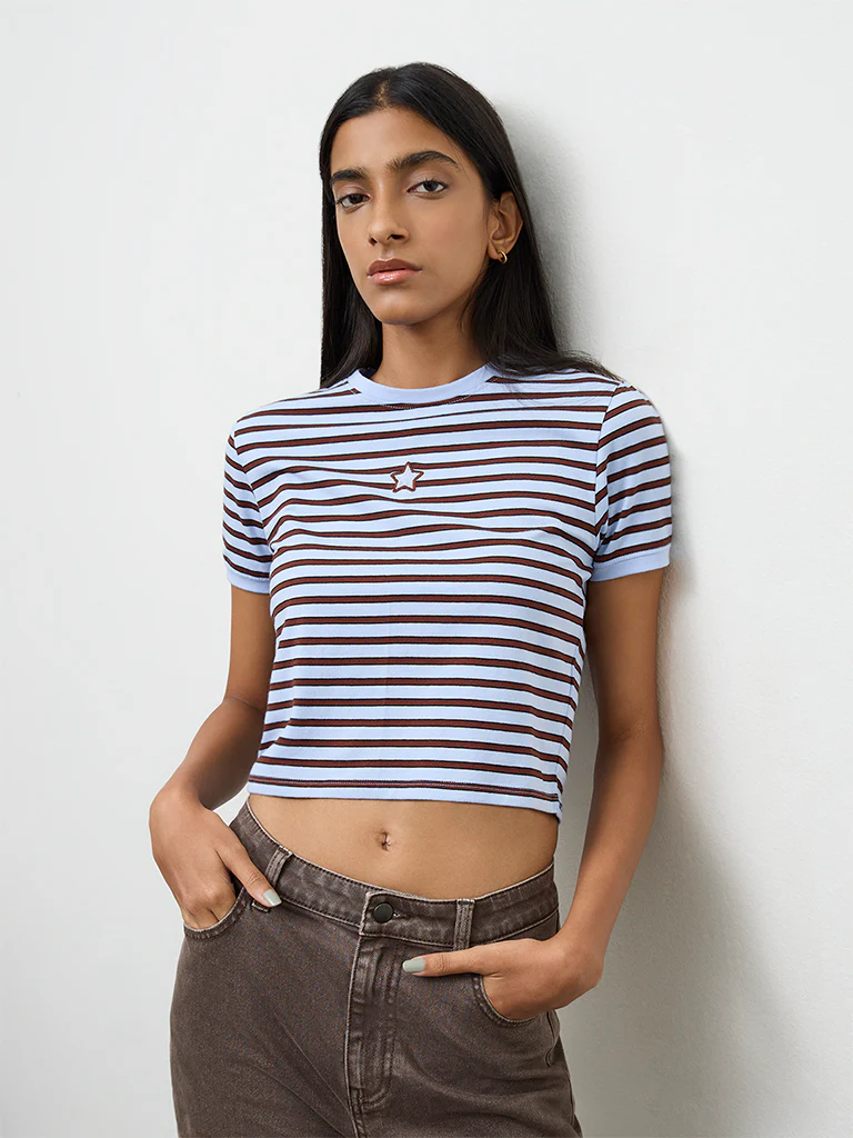 Nuon Blue Stripe-Printed Cotton-Blend T-Shirt